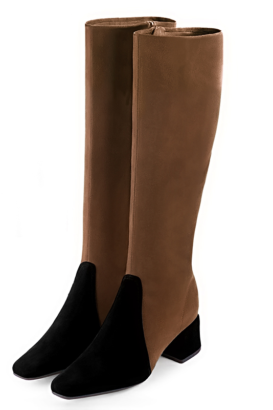 Matt black and caramel brown women's feminine knee-high boots. Square toe. Medium block heels. Made to measure. Front view - Florence KOOIJMAN